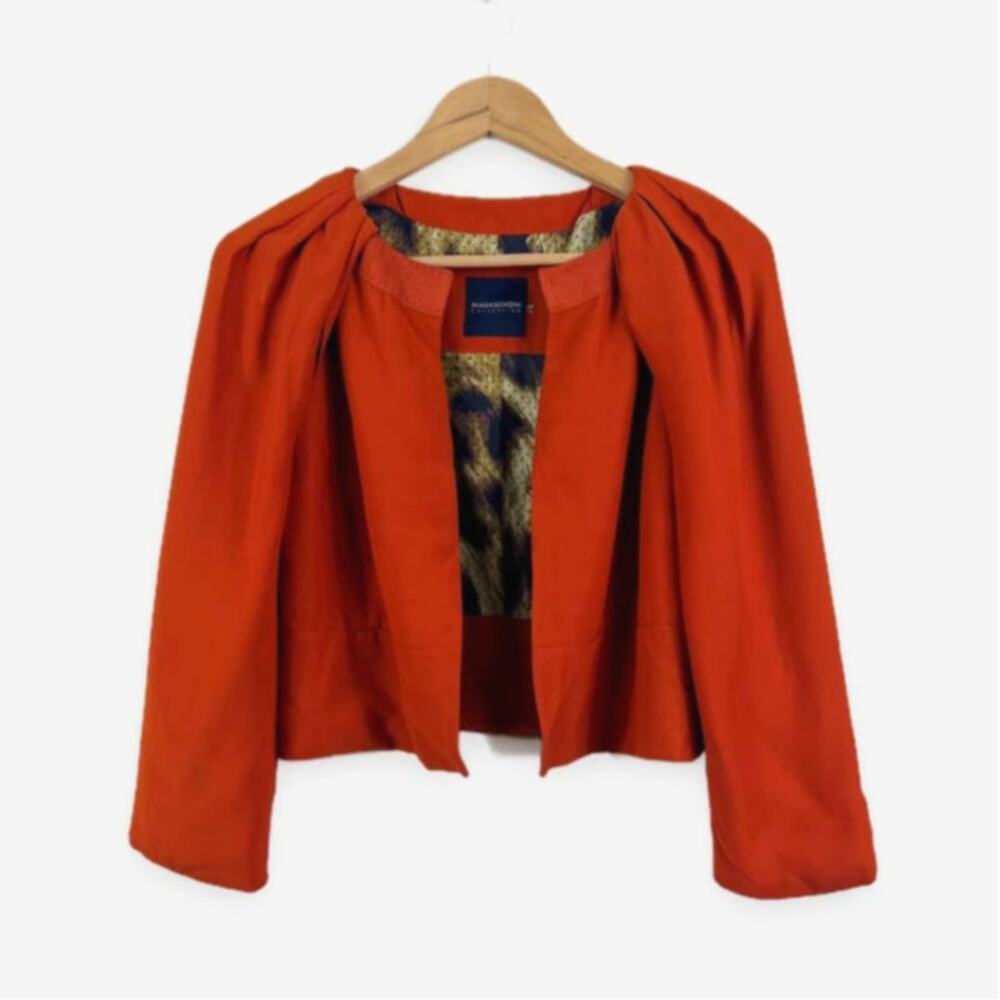 Magaschoni Size 6 Crop Moto Jacket Silk Pleated Shoulder Lined Orange
